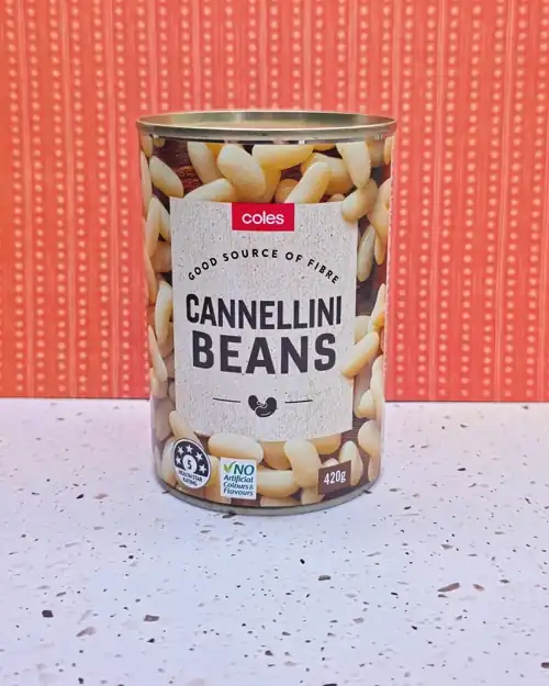 Coles Cannellini Beans. Good source of fibre. 5 Health star rating. No artificial colours & flavours.