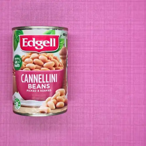 Edgell Cannellini Beans. 5 Health Star Rating. Good for Gut Health. Packed in Italy from imported ingredients. Available from Woolworths and Coles. 60% cannellini beans. Protein 6.1g per 100g. Sodium 191mg per 100g.