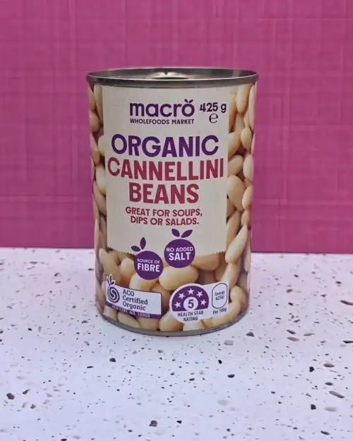 Macro Wholefoods Market Organic Cannellini Beans. 5 Health star rating. No added salt. Source of fibre. ACO certified organic.