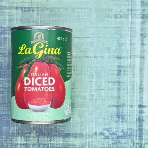 La Gina Italian Diced Tomatoes. 4.5 Health star rating. 100% Italian tomatoes. No added sugar. No added salt. Product of Italy. Available from Coles. 65% tomatoes. Sugars 2.6g per 100g. Sodium 10mg per 100g.