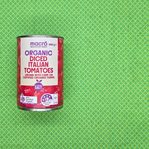 Macro Wholefoods Market Organic Dice Italian Tomatoes. 4.5 Health star rating. ACO certified organic. No added salt. Made in Italy. Available at Woolworths. 60% tomatoes. Sugars 3.0g per 100g. Sodium 9mg per 100g.