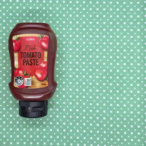 Coles Rich Tomato Paste. 4 Health Star Rating. No artifical colours and flavours. Packed in Australia from imported ingredients. Available at Coles. Sugars 6.g per 100g. Sodium 32mg per 100g.