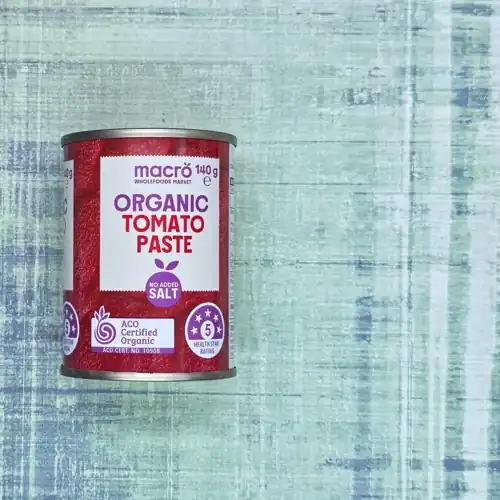 Macro Wholefoods Market Organic Tomato Paste. ACO certified organic. No added salt. 5 Health Star Rating. Made in Italy. Double concentrate. Available at Woolworths. Sugars 12.2g per 100g. Sodium 59mg per 100g.