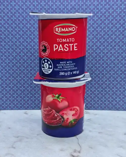 Remano Tomato Paste. 5 Health Star Rating. 100% Australian grown tomatoes. Triple concentrated. Available from Aldi. No added salt. Sugars 9.3g per 100g. Sodium 62mg per 100g.