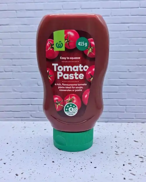 Woolworths Tomato Paste. 4 Health Star Rating.