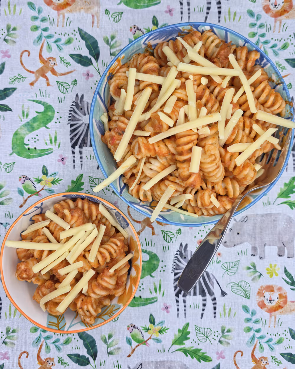 Roasted Vegetable Tomato Sauce, Pasta, Fork, Cheese, Kids themed animal tablecloth