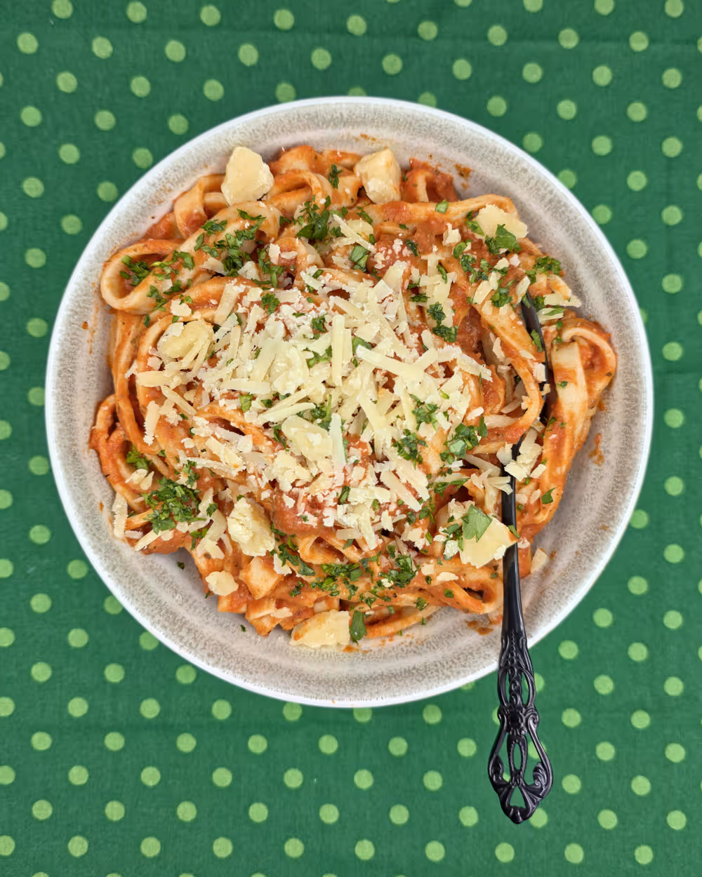 Ratatouille Pasta Sauce Bowl, Black Fork, Green Tablecloth