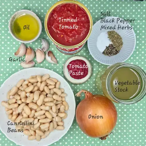 Tomato Pasta Sauce Ingredients. Oil, onion, garlic, tomato paste, tinned tomato, cannellini beans, vegetable stock, salt, black pepper and dried mixed herbs. Ingredients with labels.