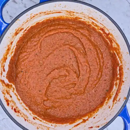 Roasted Vegetable Tomato Sauce. Ratatouille pasta sauce blended smooth in a pot.